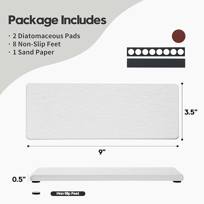 2PCS Bathroom Sink Trays, Water Absorbing Diatomite Stone Quick Drying Mat for Kitchen Counter, Dish Rack Soap Dispenser Sponge Holder Caddy Vanity Organizer, White, 9"x3.5"-NeatNest