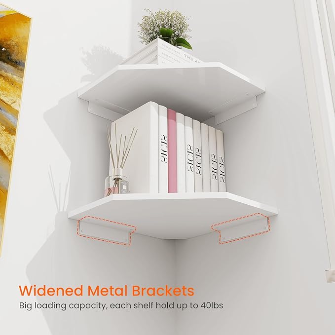 Homode Corner Wall Shelf, Corner Shelf Floating, Set of 4 Wooden Hanging Corner Shelves with Wire Hole for Bathroom Living Room Office, White-NeatNest