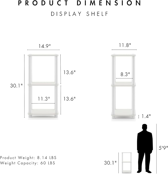 HOMES: Inside + Out Apexa Modern 3-Tier Narrow Shelving Units, Collectibles Display Shelves, Easy Assembly Standing Shelf, Home Storage Organizer for Living Room, Bedroom, Office, White
