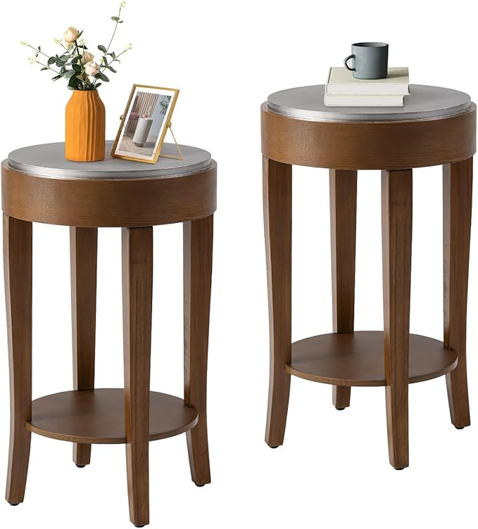 COSIEST Set of 2 Farmhouse Round End Table, 2-Tier Classic Brown Side Table, Wood Accent Table with Storage Shelf for Living Room, Bedroom, Office, Distressed Glaze Finish (Brown & Silver)-NeatNest