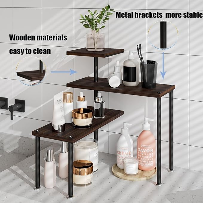 Countertop Organizer Organization 3 Tier Kitchen Corner Shelves Adjustable Spice Storage Rack for Bathroom Coffee Area Over Sink (Black Oak)-NeatNest