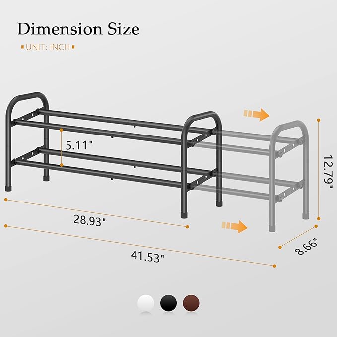 2 Tier Shoe Rack, Shoe Organizer for Closet, 28“ Metal Shelf Can Expandable to 42“, for Bedroom, Entryway, Closet, Garage, Adjustable to 12 Pairs Shoes, Black-NeatNest