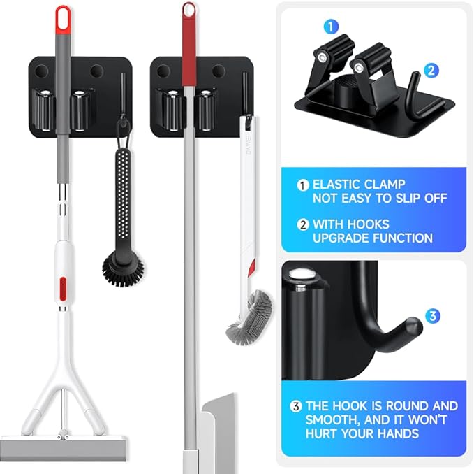 2-Pack Broom Holder with Heavy Duty Hooks, Upgraded Stainless Steel Mop Hanger. Wall Mount Utility Tool Rack for Kitchen Garden Laundry Garage. Matte Black.-NeatNest