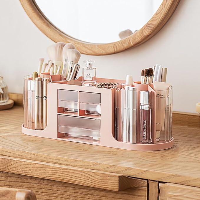 360 Rotating Makeup Brush Holder with 3 Drawers, Makeup Organizer Countertop with 10 Slots Pencil Holder,Hair Comb Holder for Vanity (Pink (3 Drawer))-NeatNest