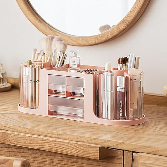 360 Rotating Makeup Brush Holder with 3 Drawers, Makeup Organizer Countertop with 10 Slots Pencil Holder,Hair Comb Holder for Vanity (Pink (3 Drawer))-NeatNest