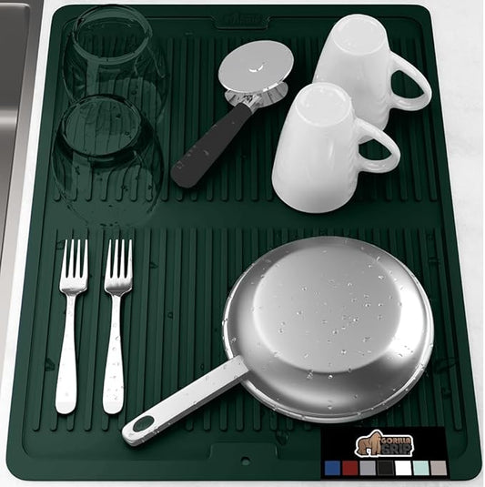 GORILLA GRIP 100% BPA-Free Silicone Dish Drying Mat for Kitchen Counter, 18x24, Quick Dry, Water Catching Ribbed Design, Easy Clean Waterproof Sink Liner, Heat Resistant, Fits Under Rack, Hunter Green