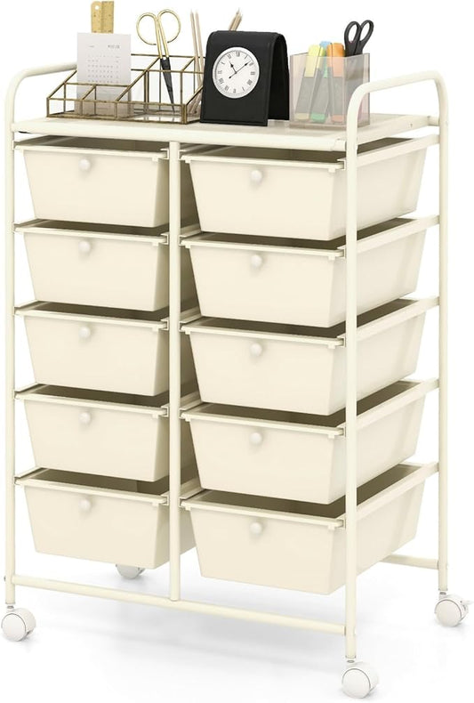 Moccha Rolling Cart with 10 Drawers - Storage Drawers Organizer with wheels for Craft Art Supply Paper Salon, Multipurpose Movable Utility Cart for Teacher Classroom, White