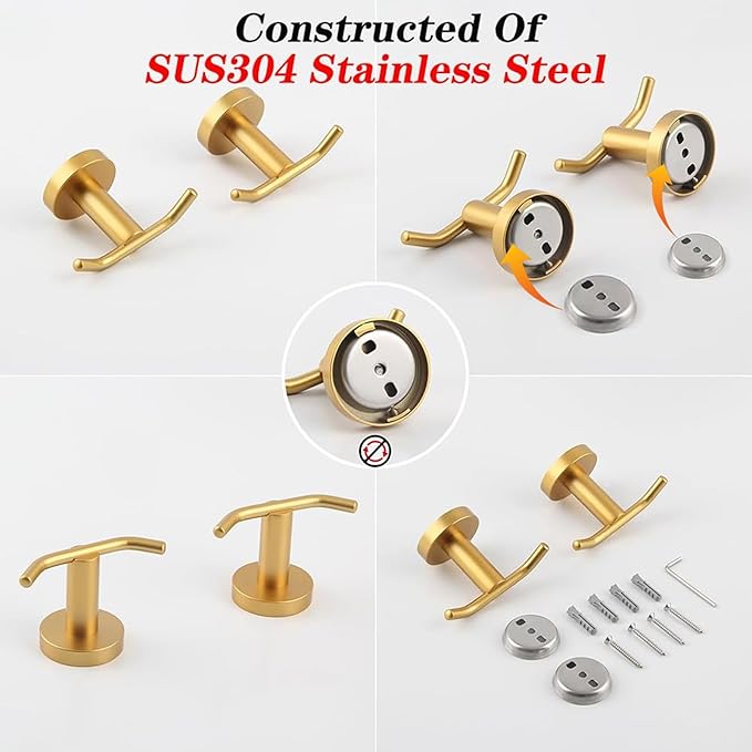 GERZWY Bathroom Double Coat Hook Gold Stainless Steel Towel/Robe Clothes Hook for Bath Kitchen Wall Mounted 2 Pack AG61908-2BE
