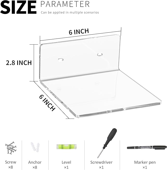 6 Inches Clear Small Wall Shelves, Acrylic Floating Shelf for Small Space, Acrylic Display Ledges for Funko Pop Figures, Home Décor, Plants, Smart Speaker, Digital Clock, 4 Pack-NeatNest