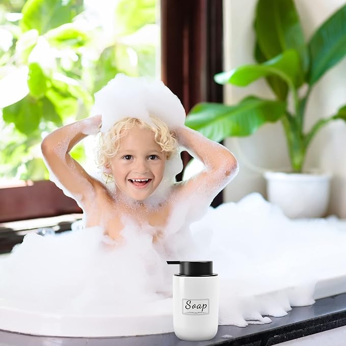 BosilunLife Foaming Soap Dispenser Set - White Ceramic Foam Hand Dispenser 12oz Soap Dispenser Set with Rust Proof Pump, 4Pcs Clear Stickers for Kitchen, Bathroom - 2 Pack-NeatNest