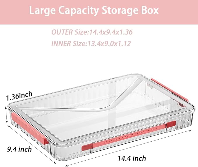 2 Pack Clear Plastic File Storage Boxes with Latching Lids, Transparent Certificate Organizer, Portable Project Case for Drawers, Clear Stackable File Box for A4 Files (‎Red Latches, Small)