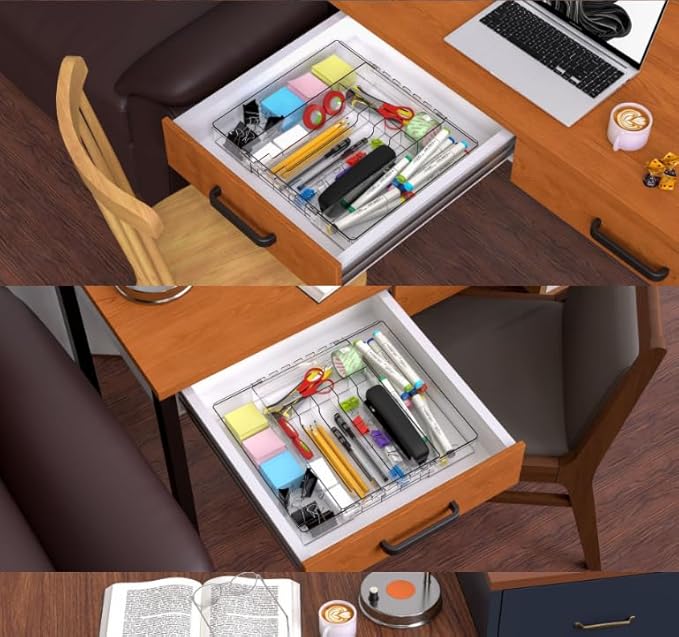 IEEK Silverware Drawer Organizer Tray for Kitchen,Expandable Utensil Tray Multipurpose Drawer Dividers Adjustable Cutlery and Flatware Holder,Plastic Spoon Forks Knives Holder Storage Divider,Clear-M-NeatNest