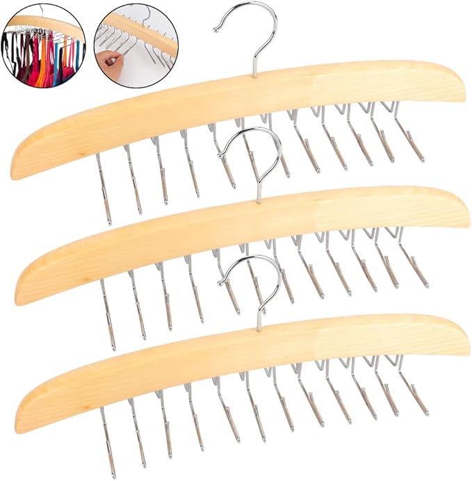 3 Pack Tank Top & Bra Hanger, Tie & Belt Hanger with Natural Wood, 24 Space Saving, 360 Rotating, Foldable Metal Hooks, Closet Organizer and Storage Rack for Tank Tops/Bras/Ties/Belts-NeatNest