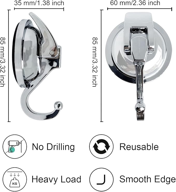 Heavy Duty Suction Cup Hooks for Shower, Bathroom Robe - Vacuum Glass Hooks, Reusable, No Hole Punched, for Garland Decoration (Silver, 6 Pack)