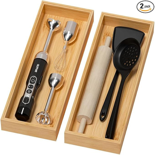 Bamboo Drawer Organizer for Kitchen & Bath, Extra Large Stackable Tray for Silverware, Toiletries & Utensils, 2 Pcs, 17" x 6" x 2" (Outer), 16.3" x 5.3" x 1.77" (Inner)-NeatNest