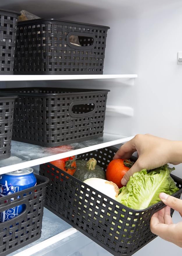 Black Plastic Woven Storage Baskets, 6-Pack Weave Basket Organizer for Kitchen Office Bathroom-NeatNest