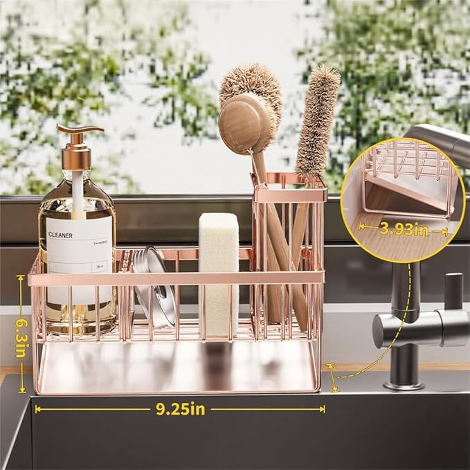 Cisily Sink Caddy Organzier with High Brush Holder, Sponge Holder for Sink, 304 Rustproof Stainless, Kitchen Countertop Soap Dispenser Organizer, Rose Gold Kitchen Decor and Accessories-NeatNest