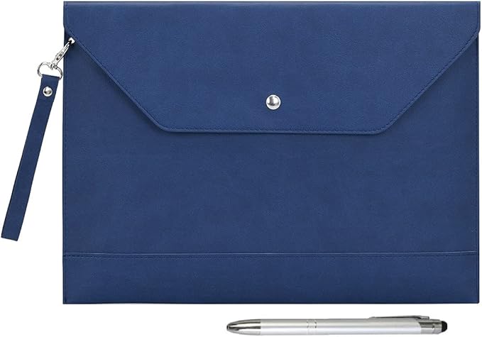 Wonderpool Envelope Case A4 PU Leather File Jacket Pocket Folder Document Case Bag with Removable Hand Strap and 4 Pocket for Documents Tablet Phone Stationery (Dark Blue)