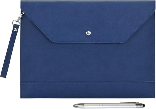Wonderpool Envelope Case A4 PU Leather File Jacket Pocket Folder Document Case Bag with Removable Hand Strap and 4 Pocket for Documents Tablet Phone Stationery (Dark Blue)
