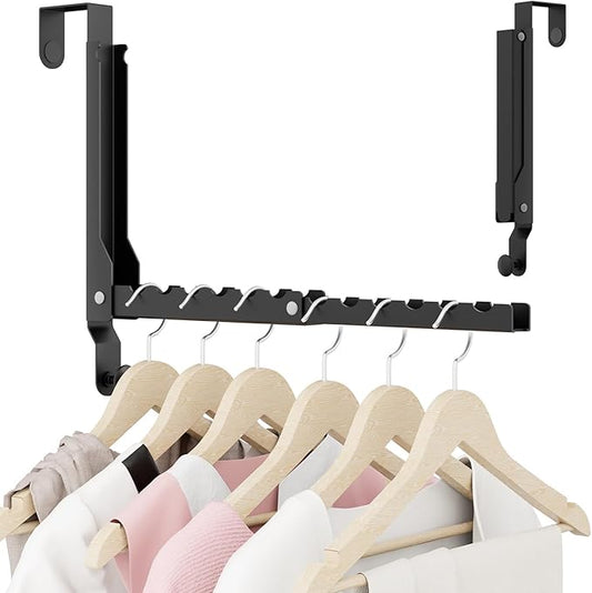 Over The Door Hangers, Over Door Hooks for Hanging, Small Space Dual Folding Portable Extra Long Over Door Clothes Hanger for Clothes, Hats, Bags and Towels (1Pack,Black(Update))