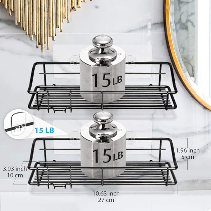 Nieifi Shower Caddy Shelf with Hooks Storage Rack Organizer Adhesive Stainless Steel without Drilling for Bathroom, Lavatory, Washroom, Restroom, Shower, Toilet, Kitchen (Black, 3 Pack)-NeatNest