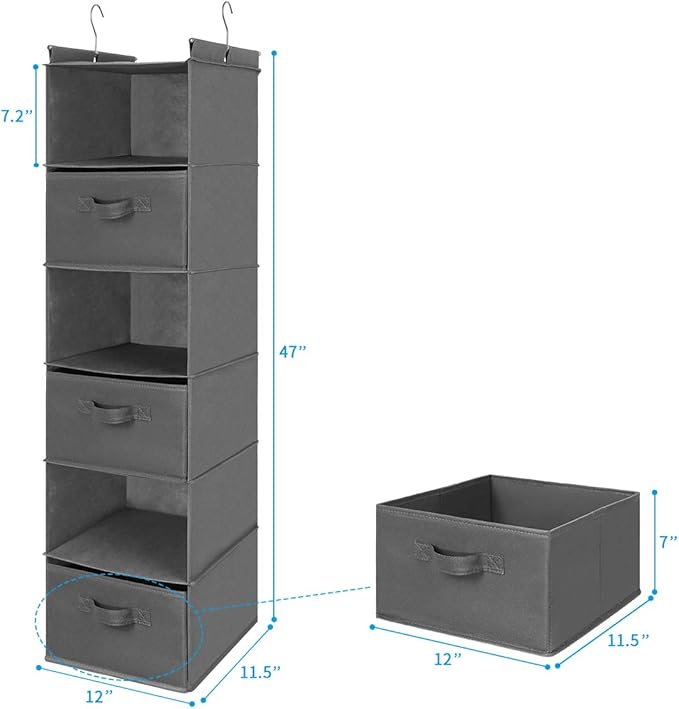 MAX Houser 6 Tier Shelf Hanging Closet Organizer, Closet Hanging Shelf with 2 Sturdy Hooks for Storage, Foldable (Grey-D3)-NeatNest