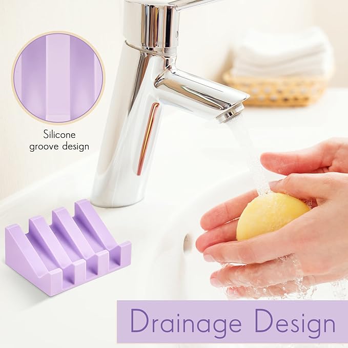 Cunhill 2 Pieces Silicone Soap Dish Self Draining Soap Dish Shower Waterfall Bar Soap Holder Tray with Drain Soap Saver for Kitchen Bathroom Accessories (Light Purple)-NeatNest