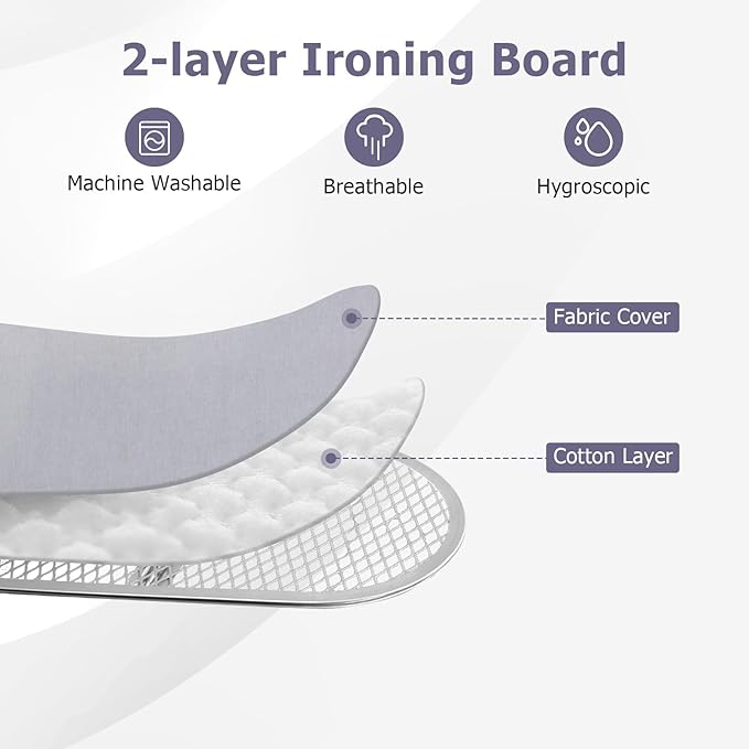 GOFLAME Folding Ironing Board, Height Adjustable Ironing Board w/Iron Rest, Removable Cover, Sturdy Metal Frame, 48.5" x 15.5" Compact & Portable Ironing Board for Household (Grey)