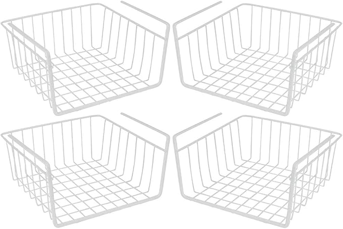 Under Shelf Wire Storage Baskets – Hanging Organizer Rack for Cabinet, Pantry, or Closet – White Metal Basket for Kitchen, Towels, or Office – No Tools Required (Set of 4 10.25")-NeatNest