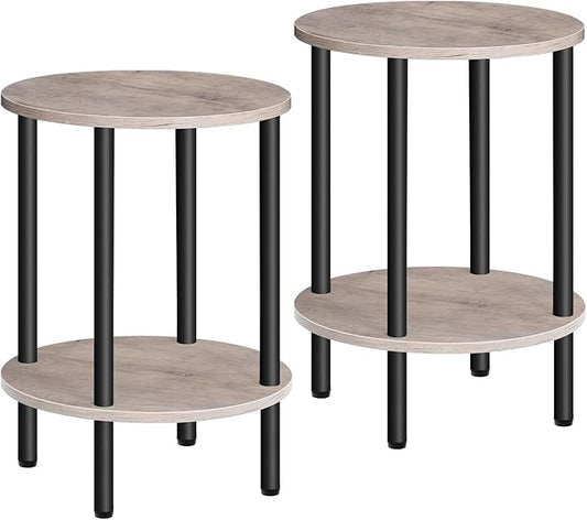 Side Table Set of 2, Round End Table, 2-Tier Small Nightstand with Sturdy Metal Tube, Industrial Coffee Table, for Living Room, Bedroom, Greige and Black TBZ01P2BG