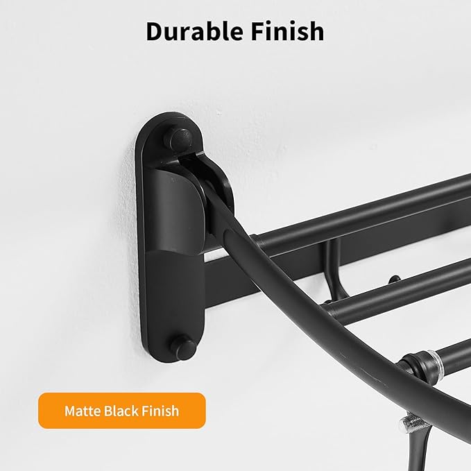 BESy 24 Inch Matte Black Towel Racks, Bathroom Towel Shelf with Foldable Towel Bar Holder and Towel Hooks, Wall Mounted Multifunctional Bathroom Accessories, Double Towel Bars-NeatNest
