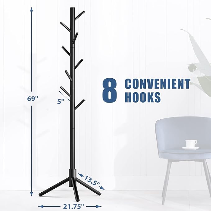 Haddockway Wooden Coat Rack Stand with 8 Hooks New Zealand Pine 3 Adjustable Coat Standing Tree Easy Assembly for Coats, Hats, Scarves and Handbags for Entryway, Hallway, Bedroom, Office-NeatNest
