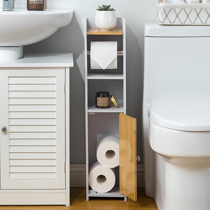 AOJEZOR Toilet Paper Holder Stand: Small Bathroom Cabinet Storage for Apartment Dwellers - Toilet Paper Storage - White/Bamboo-NeatNest