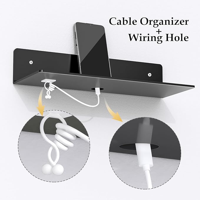 12" Black Acrylic Floating Shelves, 4 Pack Small Floating Shelf with Cable Clips for Living Room, Bathroom, Gaming Room, Dorm Wall Display Space-NeatNest