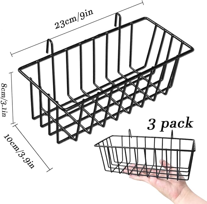 3 Pack Grid Panel Hanging Wire Basket, Storage and Display Basket for Wall, Kitchen, Home Decor Supplies, Potted Plants, Black