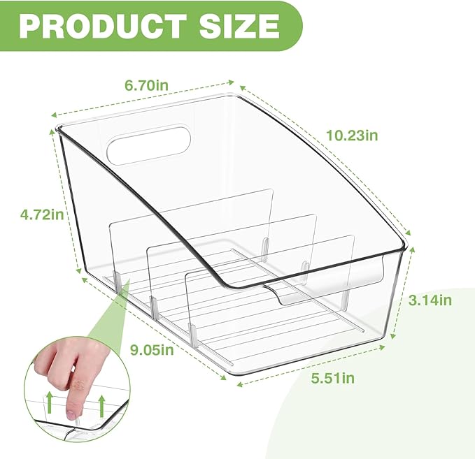 4 Pack Clear Pantry Organizer Storage Bins Removable Snack Organizer Plastic Cabinet Organizers Racks with 3 Dividers, Refrigerator Bins, Kitchen Storage-NeatNest