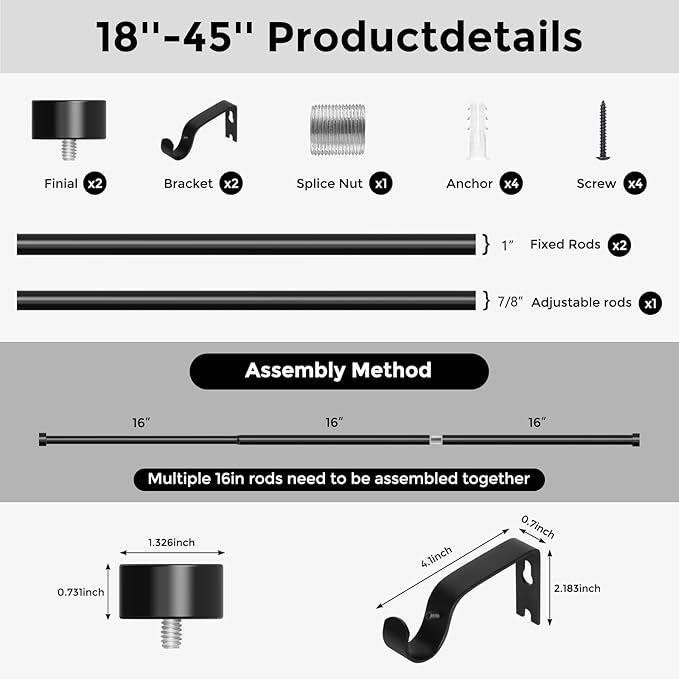 Curtain Rods for Windows 18 to 45 Inch(1.5-3.75 Feet),Black 1'' Diameter Drapery Rods with End Cap Style Design,Modern Adjustable Heavy Duty Curtain Rod,Size:18''-45''-NeatNest