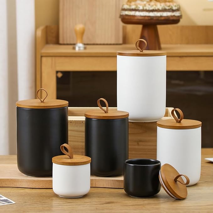 Ceramic Storage Jars, Modern Elegant Highly Polished Airtight Gorgeous Storage Canisters with Wooden Lid Small Food Stroage Jar for Kitchen Spice Tea Vanilla Sugar Coffee Beans (Black tuba)-NeatNest