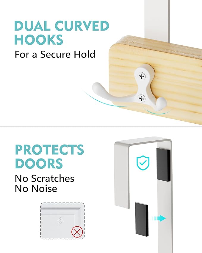 Mop and Broom Holder Wall Mount, No Drill Over the Door Broom and Mop Holder with 4 Slots and 2 Hooks, Wood Tool Hanger for Laundry, Cabinet, Kitchen, Garage