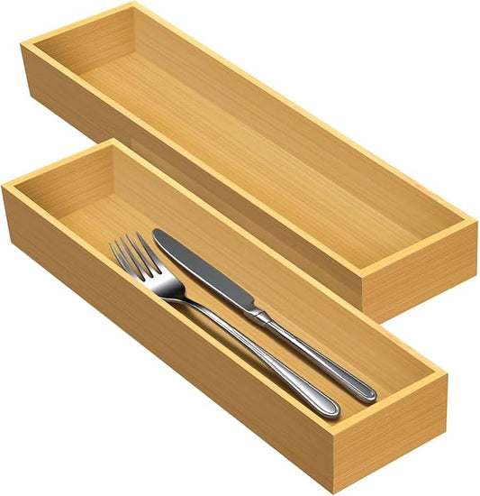 Bamboo Drawer Silverware Organizer, Flatware Organizers, Multi-purpose Bamboo Storage Box for Kitchen, Offices and Dressing table 11.5" x 3.15" x 1.8" (Set of 2)-NeatNest