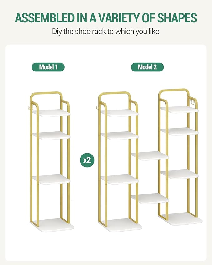 6 Tiers Vertical Shoe Rack, Narrow Shoe Tower, Tall Shoes Shelf with 2 Hooks, Adjustable Shelves, Corner Shoes Shelves for Small Spaces, Entryway, Living Room, White Gold SR04213A-NeatNest