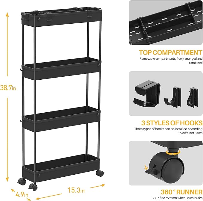 SPACELEAD Slim Storage Cart 4 Tier,Bathroom Organizer Rolling Utility,Mobile Shelving Unit Slide Out for Office, Kitchen, Laundry Room & Narrow Places,Black-NeatNest