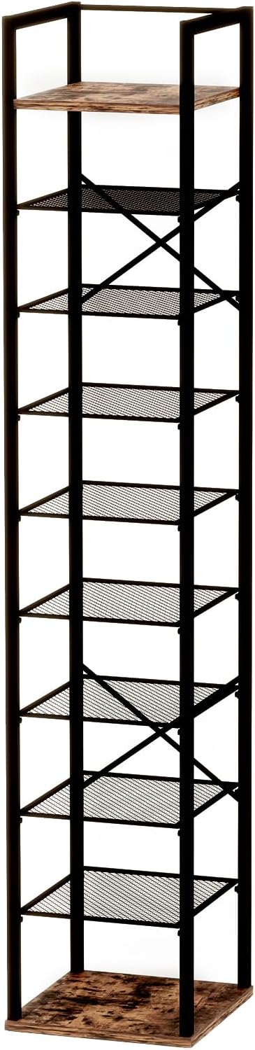 10 Tier Vertical Shoe Rack, Narrow Shoe Storage Organizer with Hooks, Slim Corner Shoe Tower Rack, Adjustable Tall Shoes Shelf, Entryway Living Room Bedroom, Rustic Brown-NeatNest