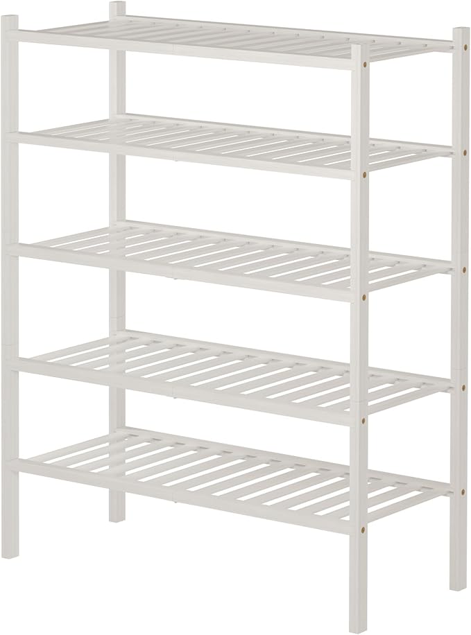 5 Tier Bamboo Shoe Rack for Closet Free Standing Wood Shoe Shelf for Entryway Small Space Stackable 27"x11"x33" (White)-NeatNest
