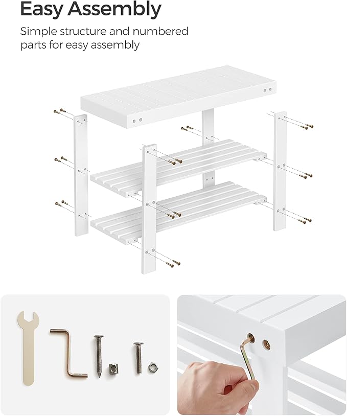SONGMICS Shoe Rack Bench, 3-Tier Bamboo Shoe Storage Organizer, Entryway Bench, Holds Up to 286 lb, 11.3 x 27.6 x 17.8 Inches, for Entryway Bathroom Bedroom, Cloud White ULBS004W01-NeatNest