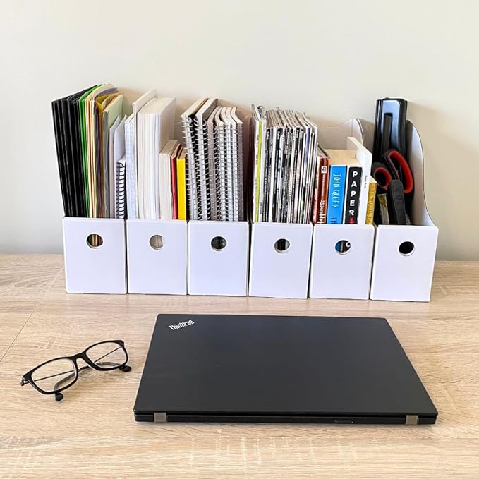 Evelots Magazine File Holder - Set of 12 White - Office Desk Organizer - Sturdy Cardboard - New Upgraded Double Front Panel for More Stability - Full 4 Inch Wide - Easy Assemble