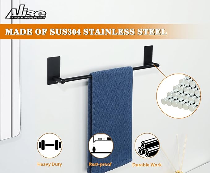 Alise Towel Racks for Bathroom, 16 Inch SUS 304 Stainless Steel Adhesive Towel Bar No Drill, Strong Adhesion Matte Black Towel Rack, Rustproof Bath Towel Holder