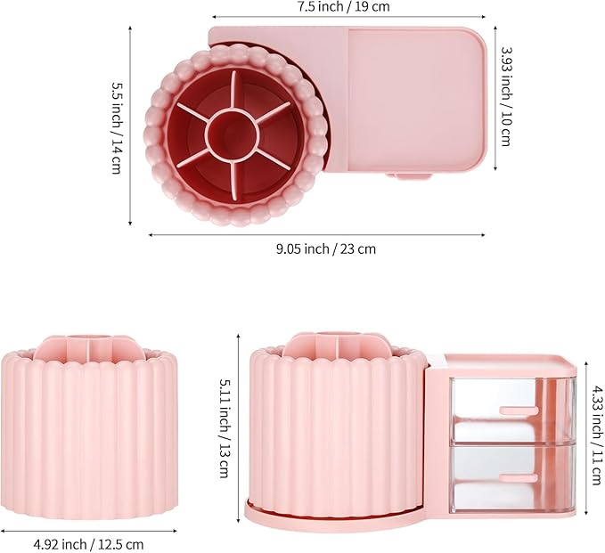 Makeup Organizer Countertop,360 Rotating Makeup Brush Holder With 2 Drawers,Small Preppy Organizer |9.25x5.11inch|Pink-NeatNest