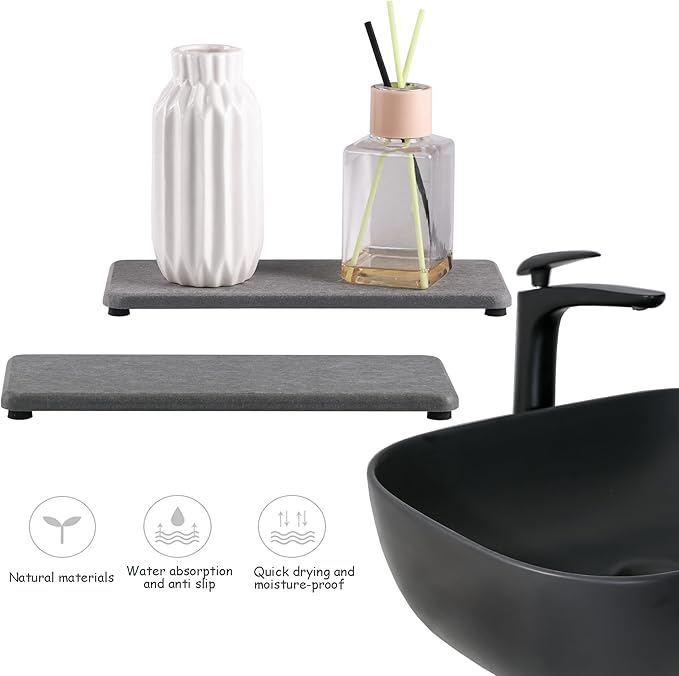 2 Pcs Water Absorbing Stone Trays, Kitchen/Bathroom Sink Soap Dish, Diatomite Tray Used for Hand Soap & Cosmetic Bottles in The Modern Home, 3.15" W x 8.7" L, Gray-NeatNest