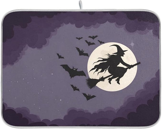 Halloween Flying Witch Drying Matt Absorbent Kitchen Mat Dishes Drying Mat Xl 18 x 24 Dish Drainer Mat for Kitchen Counter Dish Drying Matt